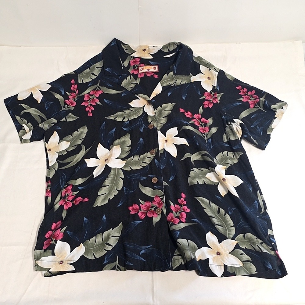 Caribbean Joe Button Down Shirt Womens XL Black Tropical Floral Aloha Coastal